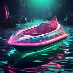 A phosphorescent vogue-worthy dimensional dinghy, glowing in vivid neon pinks and greens, a radiant beacon amidst the cartoon seas.