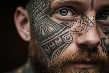 Inked masterpiece: a portrait of the tattooed face. A man with intricate tattoos covering his face, showcasing a unique expression of the tattoo and body art lifestyle - obrazy, fototapety, plakaty