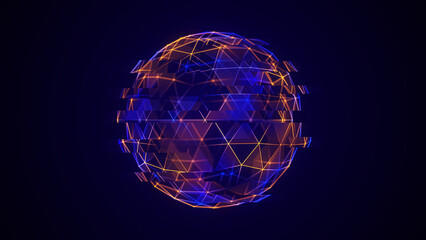 Abstract sci-fi sphere with particles and lines. Technology network connection on world. Futuristic illustration. Global digital connections ai. 3D wireframe geometric sphere. 3D rendering.