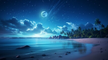 Fototapeta na wymiar Enchanting retro fantasy beach starlit night sky with full moon in vintage tones