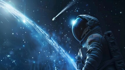 astronaut watching a comet pass by - obrazy, fototapety, plakaty