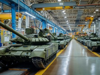 Rows of new tanks lined up in a modern manufacturing plant, showcasing industry and defense.