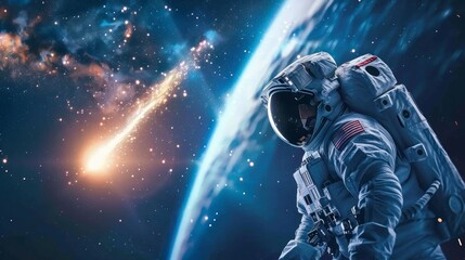 astronaut watching a comet or asteroid pass from space over the earth in high resolution and high quality HD - obrazy, fototapety, plakaty