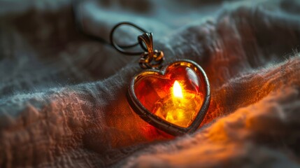 Heart-shaped pendant glows against soft blanket, heart-shaped pendant glows in the dark. - obrazy, fototapety, plakaty