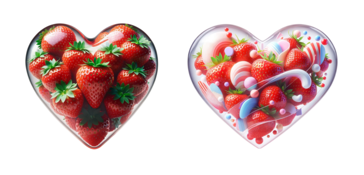 3d realistic strawberry glass heart icon set isolated on a transparent background. - Powered by Adobe