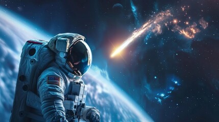 Astronaut watching a comet or asteroid pass from space over Earth in high resolution and high quality. CONCEPT universe, comets - obrazy, fototapety, plakaty