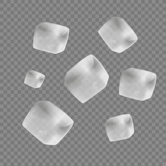 Water transparent ice cubes.Refreshing ice cubes for drinking. Icy pieces for drink cooling, clean square frozen water blocks set for alcohol or cocktail beverages.Vector illustration