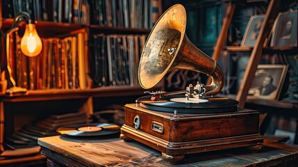 A classic gramophone with a brass horn sits on a wooden table, playing vinyl records in a cozy study filled with books, dim lighting, and framed photographs, evoking a sense of nostalgia. gramophone - obrazy, fototapety, plakaty