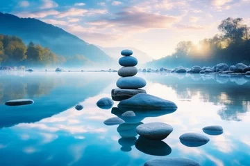 Ingelijste posters Tranquil water zen garden blue oasis with stepping stones for meditation and relaxation © Aliaksandra