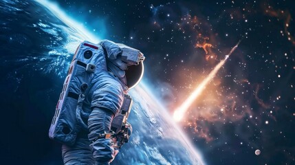astronaut watching a comet or asteroid pass from space over the earth in high resolution and quality - obrazy, fototapety, plakaty
