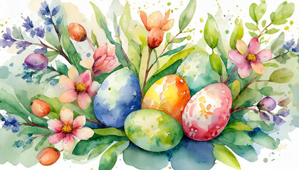 Watercolor illustration of composition with Easter eggs and beautiful flowers. Happy holiday. Hand drawn art.