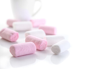 Pink and White Marshmallow candy on white background. - 764082584