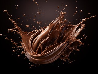 Chocolate splashing against dark background, Chocolate is popular food and drink ingredient. - obrazy, fototapety, plakaty