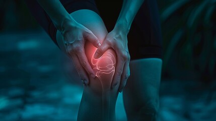 Woman holds her knee while experiencing pain, woman holds her knee in pain. - obrazy, fototapety, plakaty
