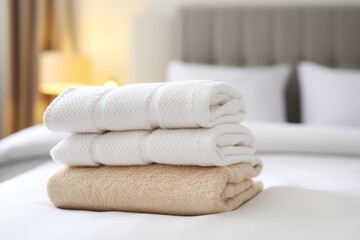 Neat stack of white towels on bed in bedroom with ample space for text, wide angle shot
