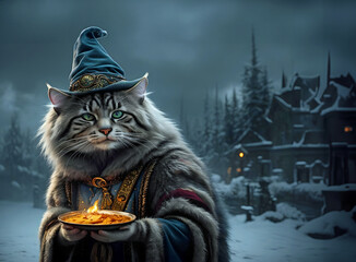 Siberian cat weariing a wizards heat in the snow - obrazy, fototapety, plakaty