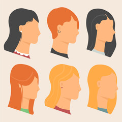 Flat heads in profile. Various human heads, male and female, with different hairstyles and accessories. Colorful web avatars vector simple face character set symbol