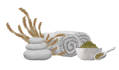 Seaweed in watercolor style. Beauty spa treatments. Seaweed, sea salt, bowl, spoon, towel and stones. The concept of beauty and healthy lifestyle. Hand drawn illustration isolated on white background