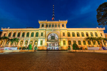 Saigon Central Post Office on blue sky background in Ho Chi Minh, Vietnam.
