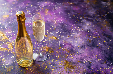 small champange bottle with a glass and confetti, festive banner with a copy space