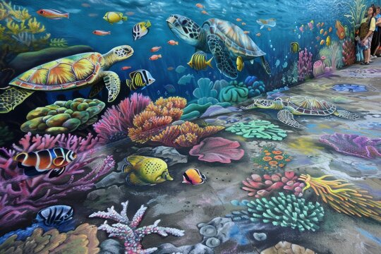 Chalk Mural painting drawing of Underwater Coral Reef with fish, sea turtles, and corals