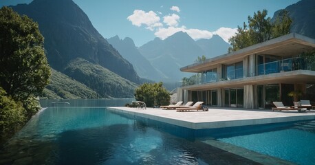 Obraz premium Gorgeous mountain home with a bassein and beautiful lake