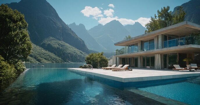 Gorgeous mountain home with a bassein and beautiful lake