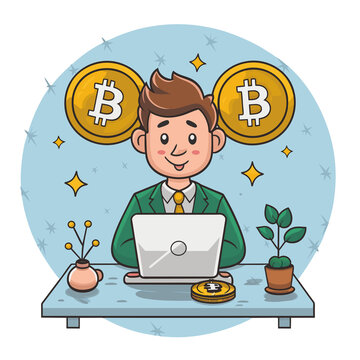 graphic of a man sitting in front of a computer where he trades bitcoin cryptocurrencies,