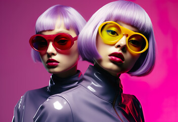 Futuristic neon fashion and fluorescent vibrance color and showing glossy chrome texture of clothes.cyber punk stylish design - obrazy, fototapety, plakaty