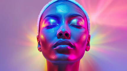  Artistic rendering of an ethereal figure undergoing a transformative LED skin treatment vibrant lights from the device casting colorful shadows