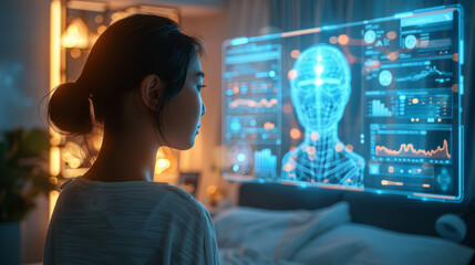 a futuristic skin analysis app in action with augmented reality overlays showing skin health stats