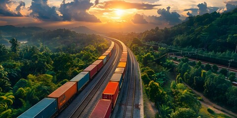 Efficient transportation of international goods by train with intermodal containers. Concept Intermodal Container Shipping, Train Transportation, International Logistics, Efficient Cargo Routing - obrazy, fototapety, plakaty