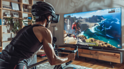 Cyclist Training with Virtual Reality Racing Game - obrazy, fototapety, plakaty