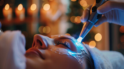 a professional performing a hydrofacial treatment on a client in a luxurious spa setting the...