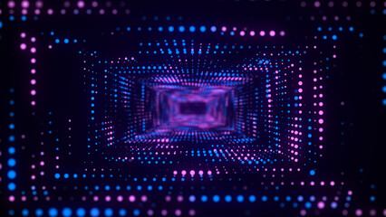 Cyber futuristic speed tunnel. Sci-fi wormhole. Abstract 3D wireframe portal with connections lines and dots. Data flow. Technology grid funnel. 3d rendering.