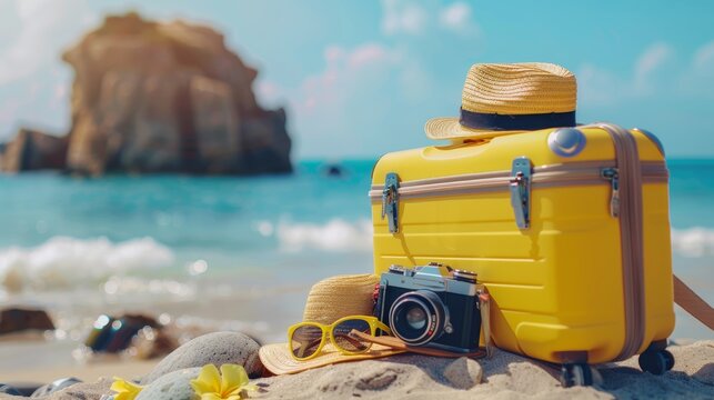 baggage travel. yellow suitcase with travel accessories such as sunglasses, hat and camera on sea beach background.