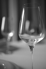 Black and white set table in an expensive restaurant, classic, empty glasses for wine,light interior fireplace on background