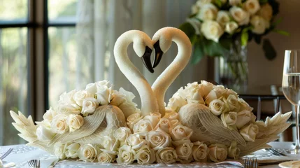 Foto op Plexiglas A pair of intertwined swans crafted from white roses, symbolizing love and commitment © kamonrat