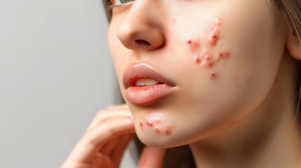 acne on woman face with rash skin, scar, and red skin syndrome allergic to cosmetics, use steroids, dermatology, inflammation, infection, hygiene