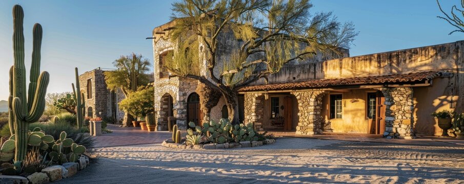 Southwestern style home with cactus garden at sunset