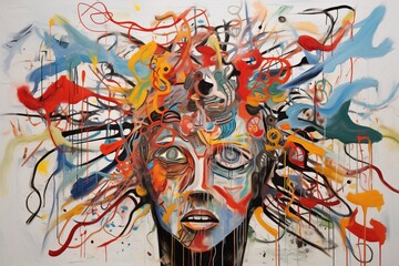 This vibrant abstract painting neo-expressionism of brain captures a storm of emotions through a dynamic explosion of colors and shapes, centered around a human visage.