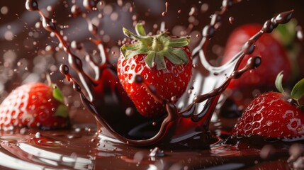 Fresh strawberry causing a dynamic splash in molten chocolate, a perfect blend of fruit and...
