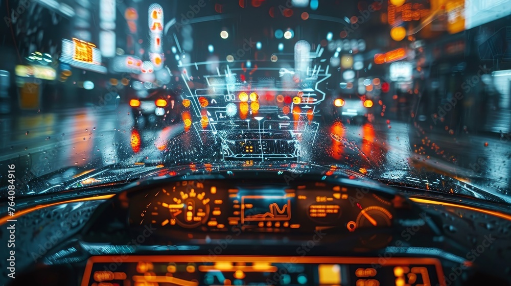 Aufkleber the car uses augmented reality to display speed, navigation, and distance between the car using iot,
