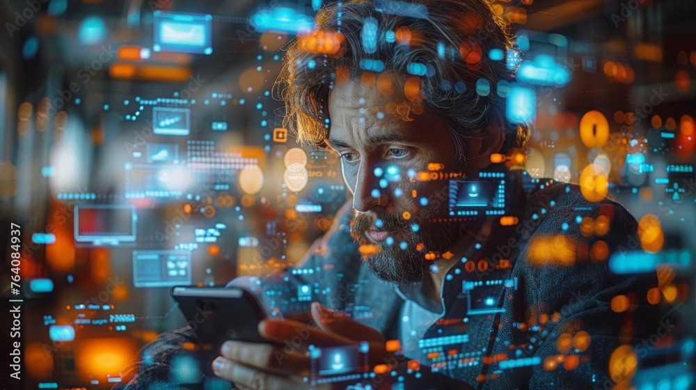 Aufkleber businessman using smartphone in blurry office with double exposure of futuristic infographics. toned