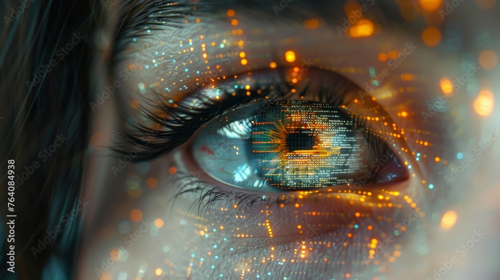 Poster Monitor on face with code and information hologram. Eye hud animation. Future concept.