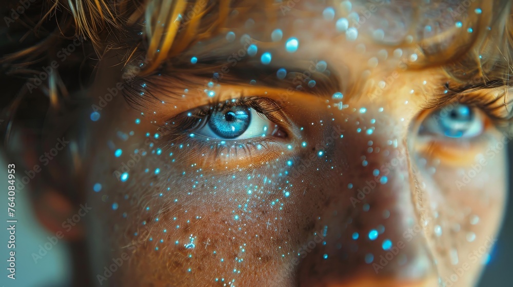 Poster closeup of a man's face in the face recognition technology