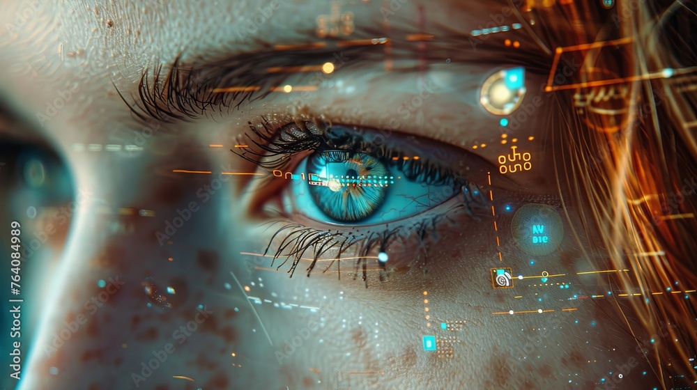 Poster Images and graphs of computer systems with hud interfaces and holograms surrounding the eye of a beautiful woman. Concept of hi-tech, artificial intelligence, and face recognition.