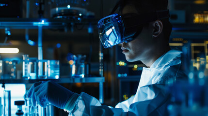 Fototapeta premium In a modern laboratory, a male scientist studies a bioorganic sample using advanced virtual reality gear