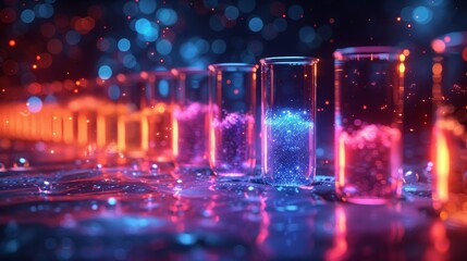 Digital lab background with neon-colored liquid. Science and chemistry concept. Test tubes or glass beakers on a technology-dark background. Modern illustration.