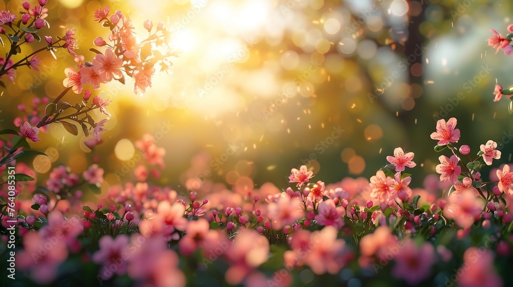 Poster a defocused bokeh background of a garden with blossoming trees on a sunny day, summer backdrop